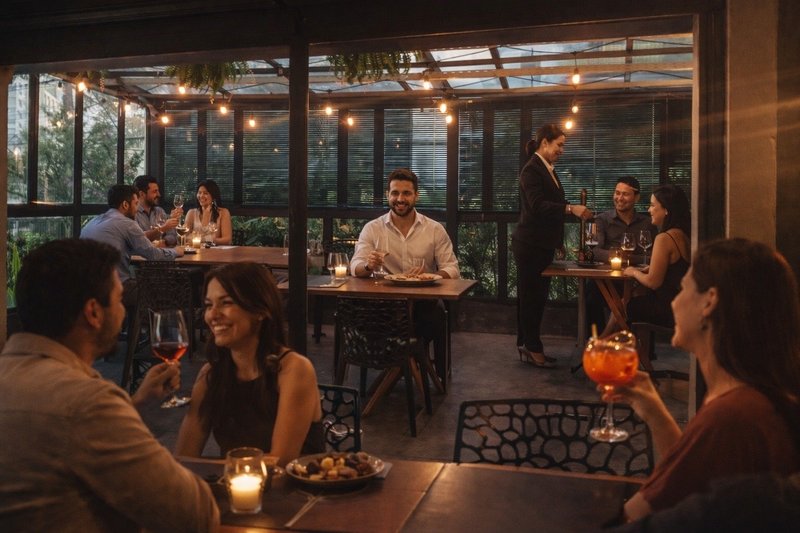 Salão do Donna Taça preparado para um evento especial com mesas decoradas