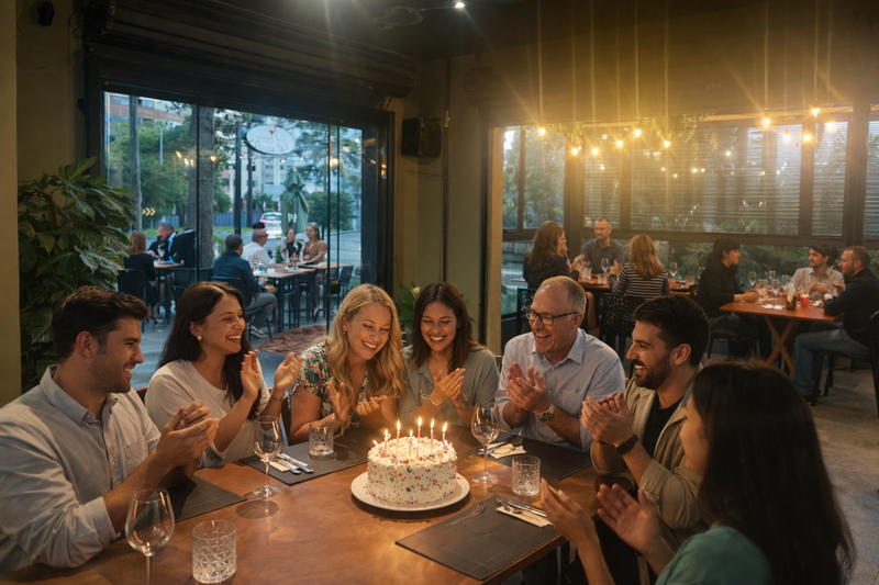 Mesa decorada com bolo para celebração no Donna Taça
